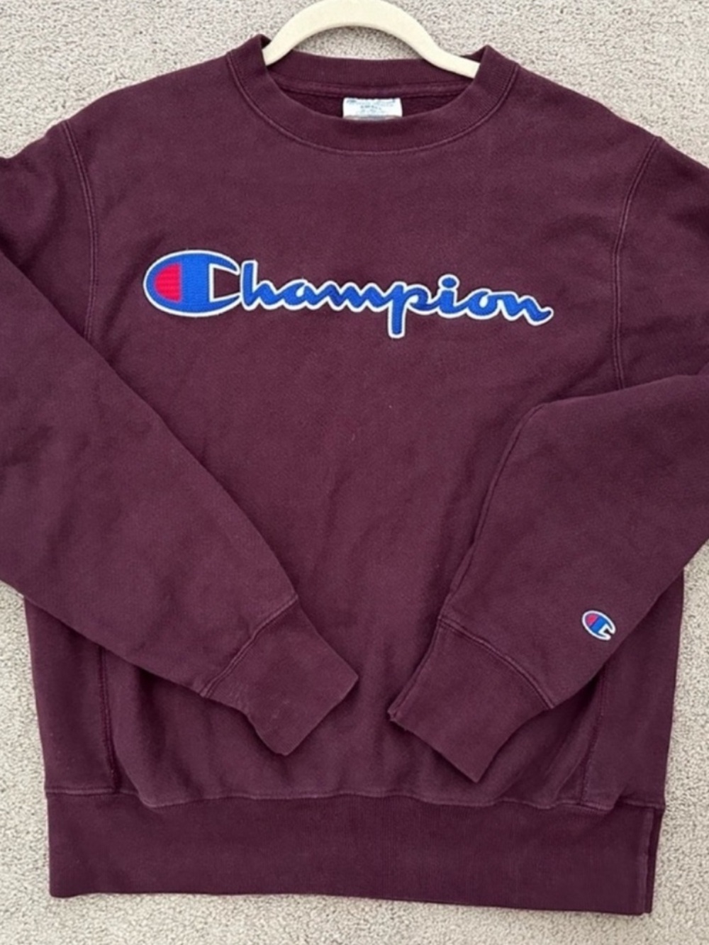 Vintage Champion Reverse Weave Oversized Logo Fall Deep Burgundy Sweatshirt